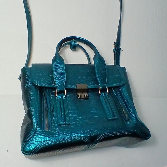 3.1 Phillip Lim Medium Pashli satchel bag in metallic blue embossed leather. - Picture 8 of 13